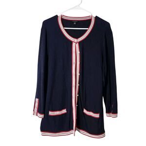 Talbots Textured Knit Cardigan Sweater Size L Navy Blue Red Trim Pearl Buttons